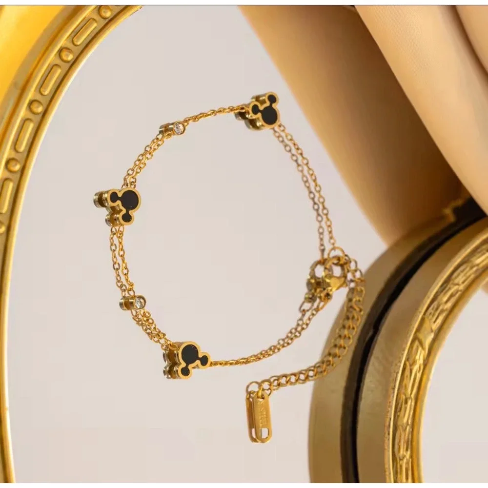 Disney Inspired Mouse Black Enamel Gold Stainless Steel Bracelet Cubic Zirconia